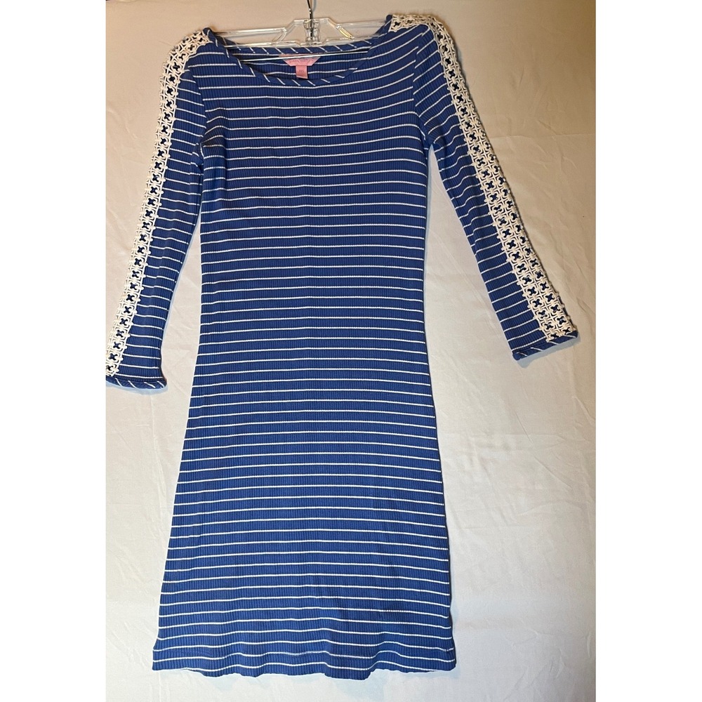 Lilly Pulitzer Blue White Striped Ribbed Lace Trim Sheath Dress XXS 28335